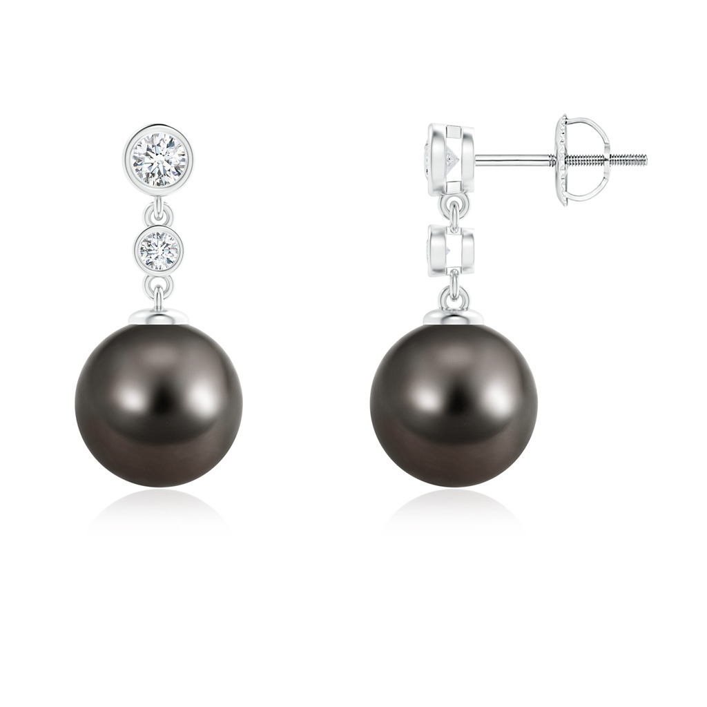 9mm AAA Tahitian Pearl Drop Earrings with Bezel Diamonds in White Gold