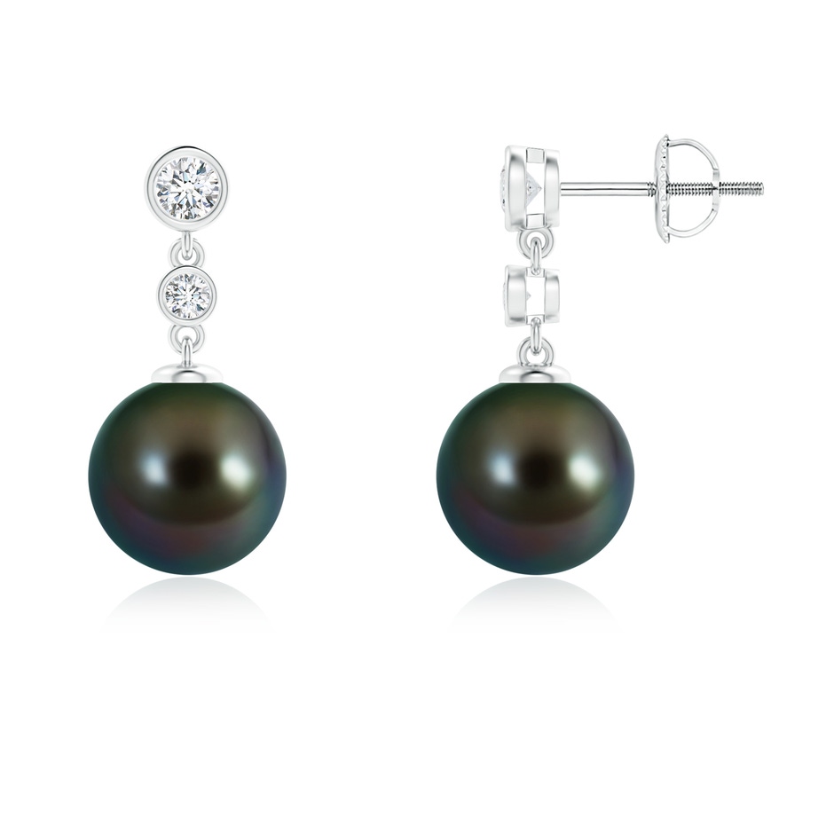 9mm AAAA Tahitian Pearl Drop Earrings with Bezel Diamonds in White Gold 