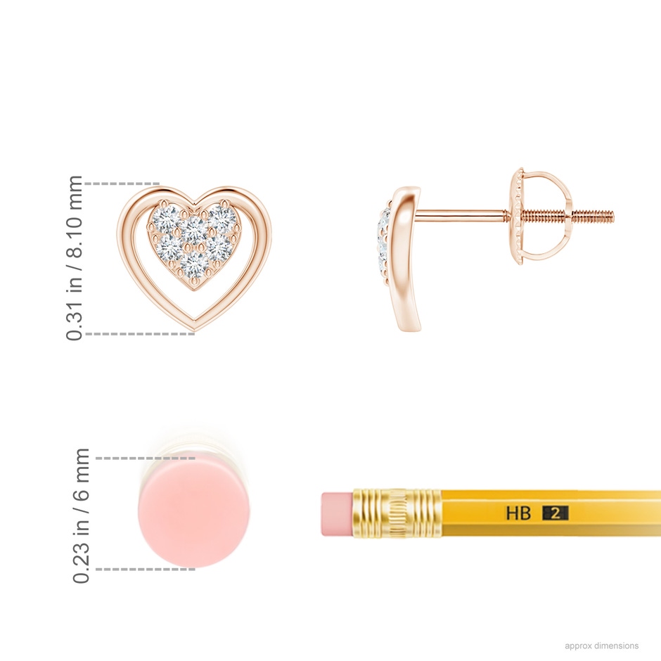 1.3mm GVS2 Cluster Diamond Open Heart Stud Earrings in Rose Gold ruler
