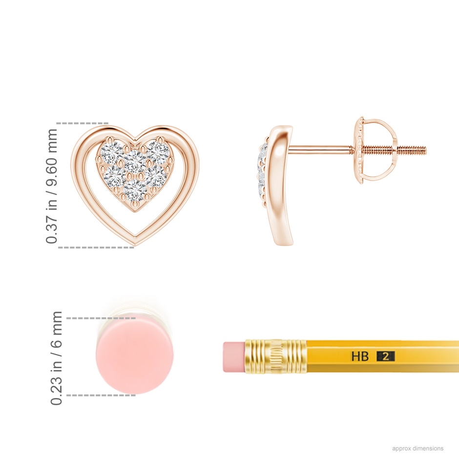 1.55mm HSI2 Clustre Diamond Open Heart Stud Earrings in Rose Gold ruler