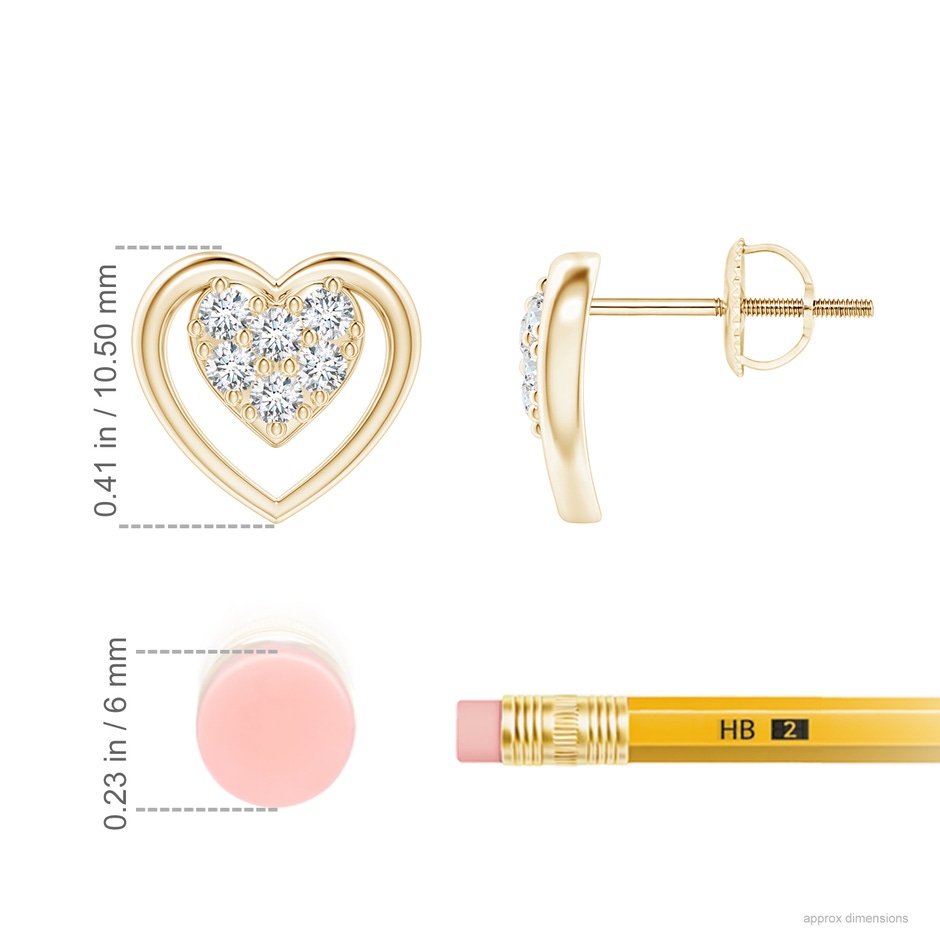 1.7mm GVS2 Clustre Diamond Open Heart Stud Earrings in Yellow Gold ruler