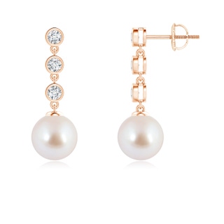 8mm AAA Akoya Cultured Pearl Dangle Earrings with Bezel Diamonds in Rose Gold