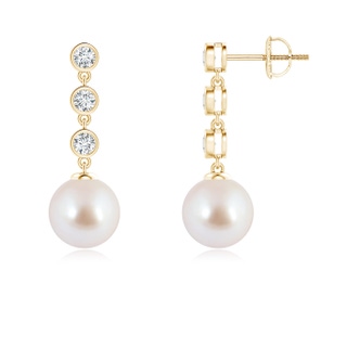 8mm AAA Akoya Cultured Pearl Dangle Earrings with Bezel Diamonds in Yellow Gold