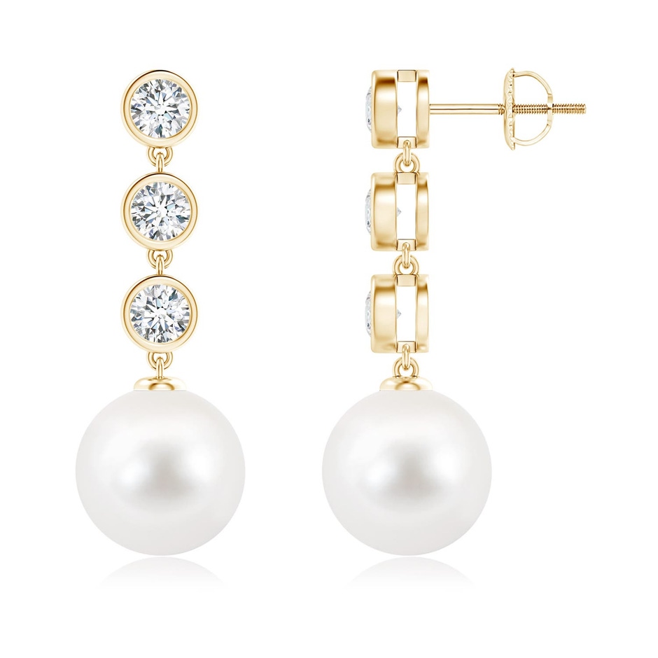 10mm AA Freshwater Pearl Dangle Earrings with Bezel Diamonds in Yellow Gold 