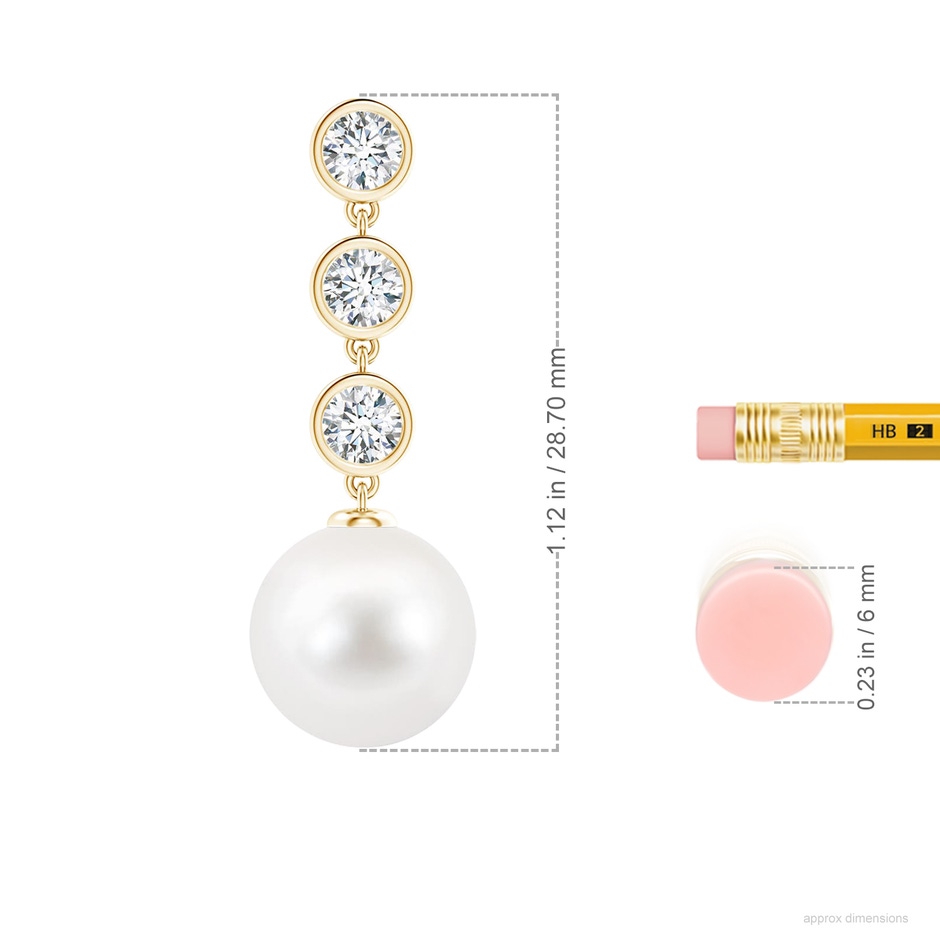 10mm AA Freshwater Pearl Dangle Earrings with Bezel Diamonds in Yellow Gold ruler