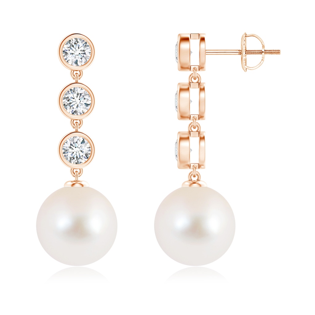 10mm AAA Freshwater Pearl Dangle Earrings with Bezel Diamonds in Rose Gold