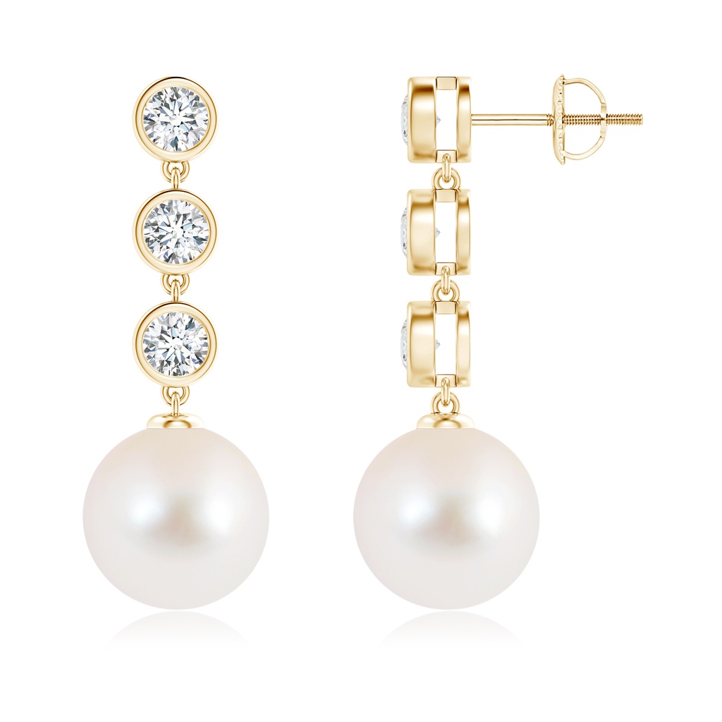 10mm AAA Freshwater Pearl Dangle Earrings with Bezel Diamonds in Yellow Gold