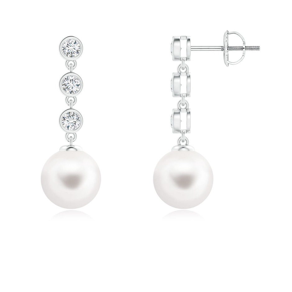 8mm AA Freshwater Pearl Dangle Earrings with Bezel Diamonds in 9K White Gold 