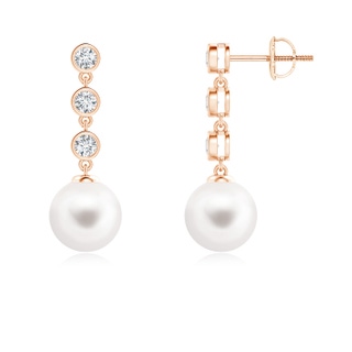 8mm AA Freshwater Pearl Dangle Earrings with Bezel Diamonds in Rose Gold