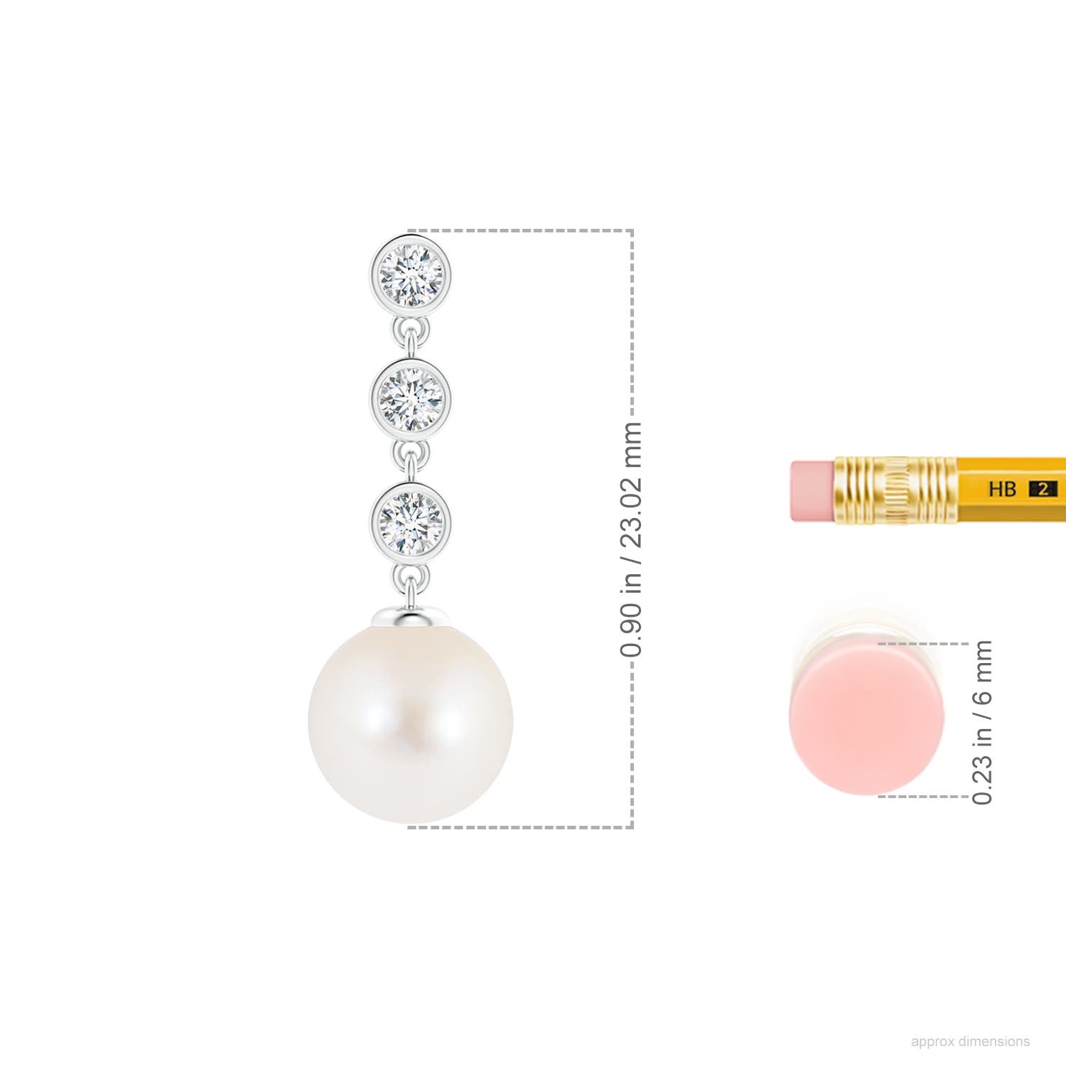 8mm AAA Freshwater Pearl Dangle Earrings with Bezel Diamonds in White Gold - ruler