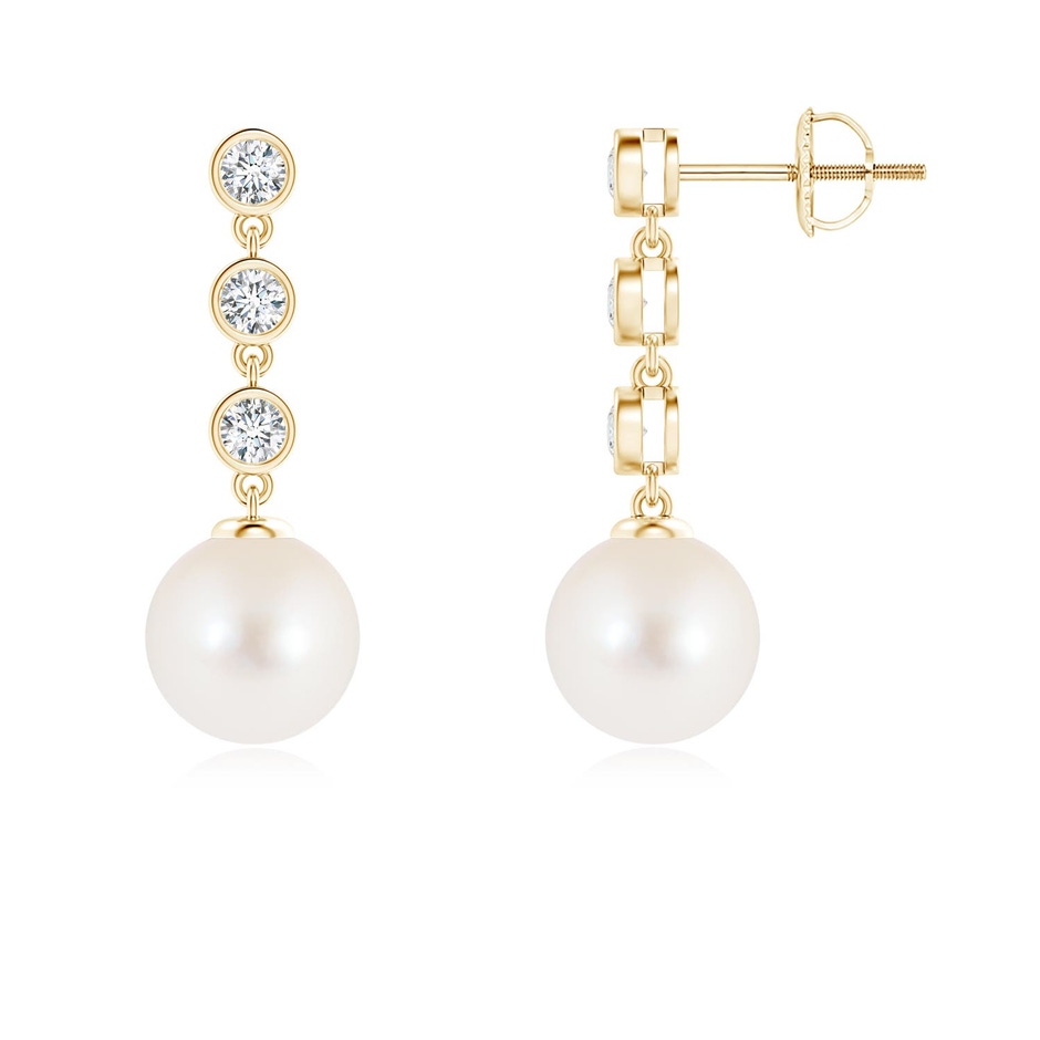8mm AAA Freshwater Pearl Dangle Earrings with Bezel Diamonds in Yellow Gold 