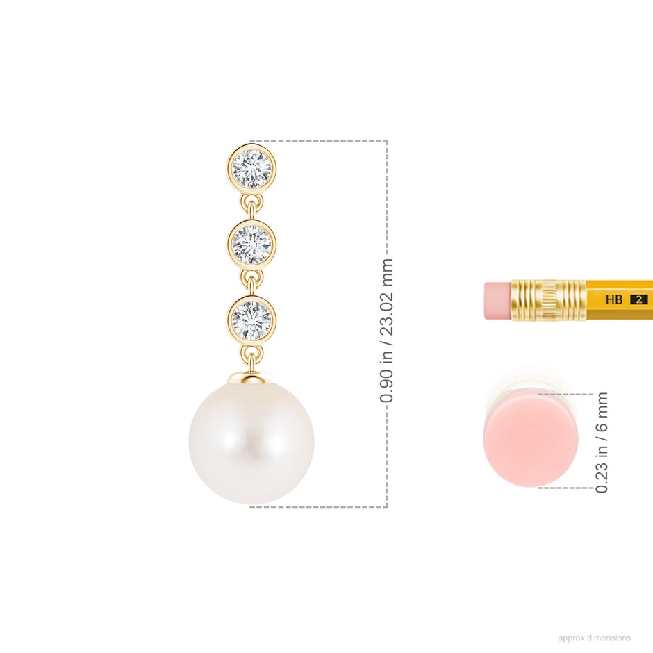 8mm AAA Freshwater Pearl Dangle Earrings with Bezel Diamonds in Yellow Gold ruler