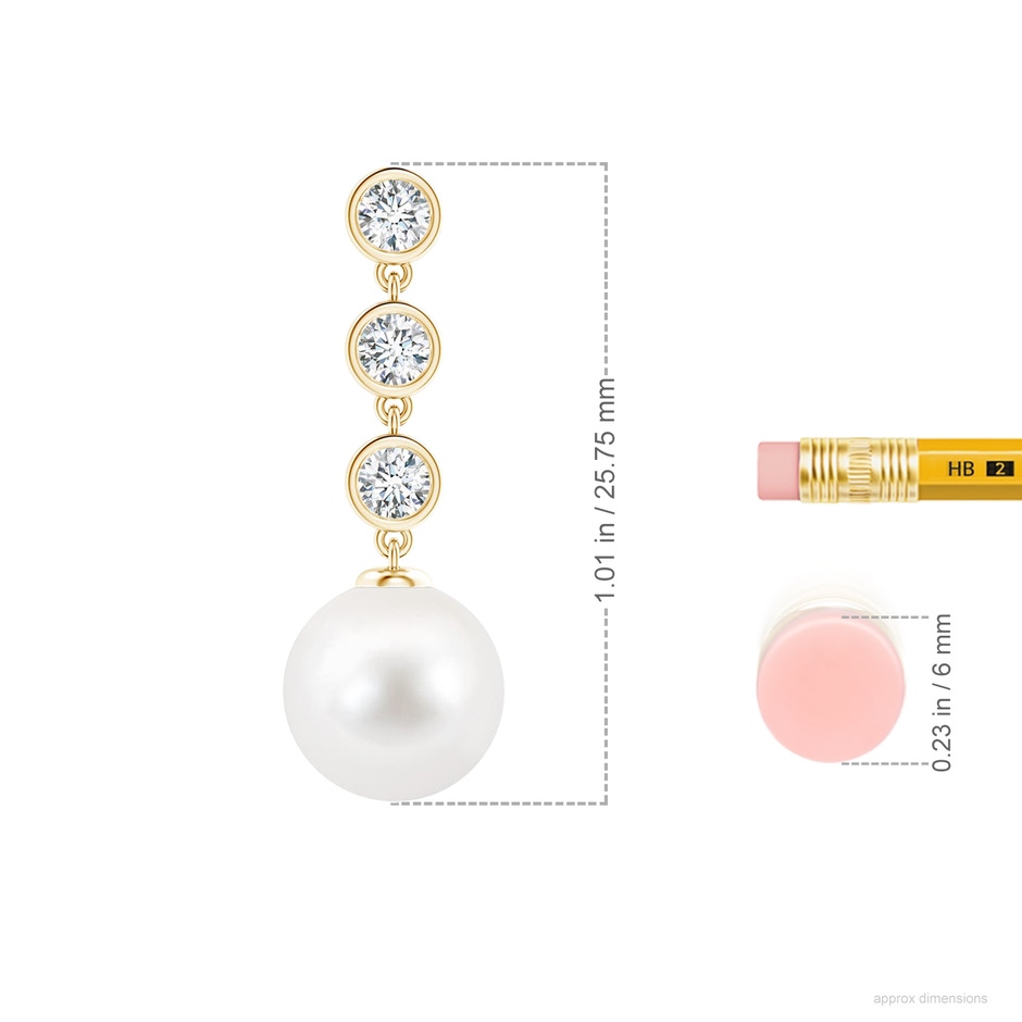 9mm AA Freshwater Pearl Dangle Earrings with Bezel Diamonds in Yellow Gold ruler