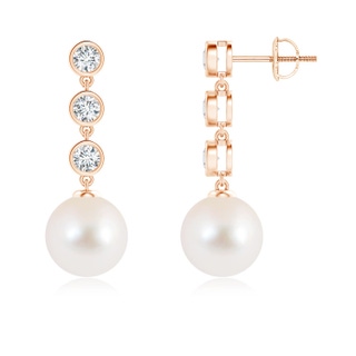 9mm AAA Freshwater Pearl Dangle Earrings with Bezel Diamonds in 18K Rose Gold