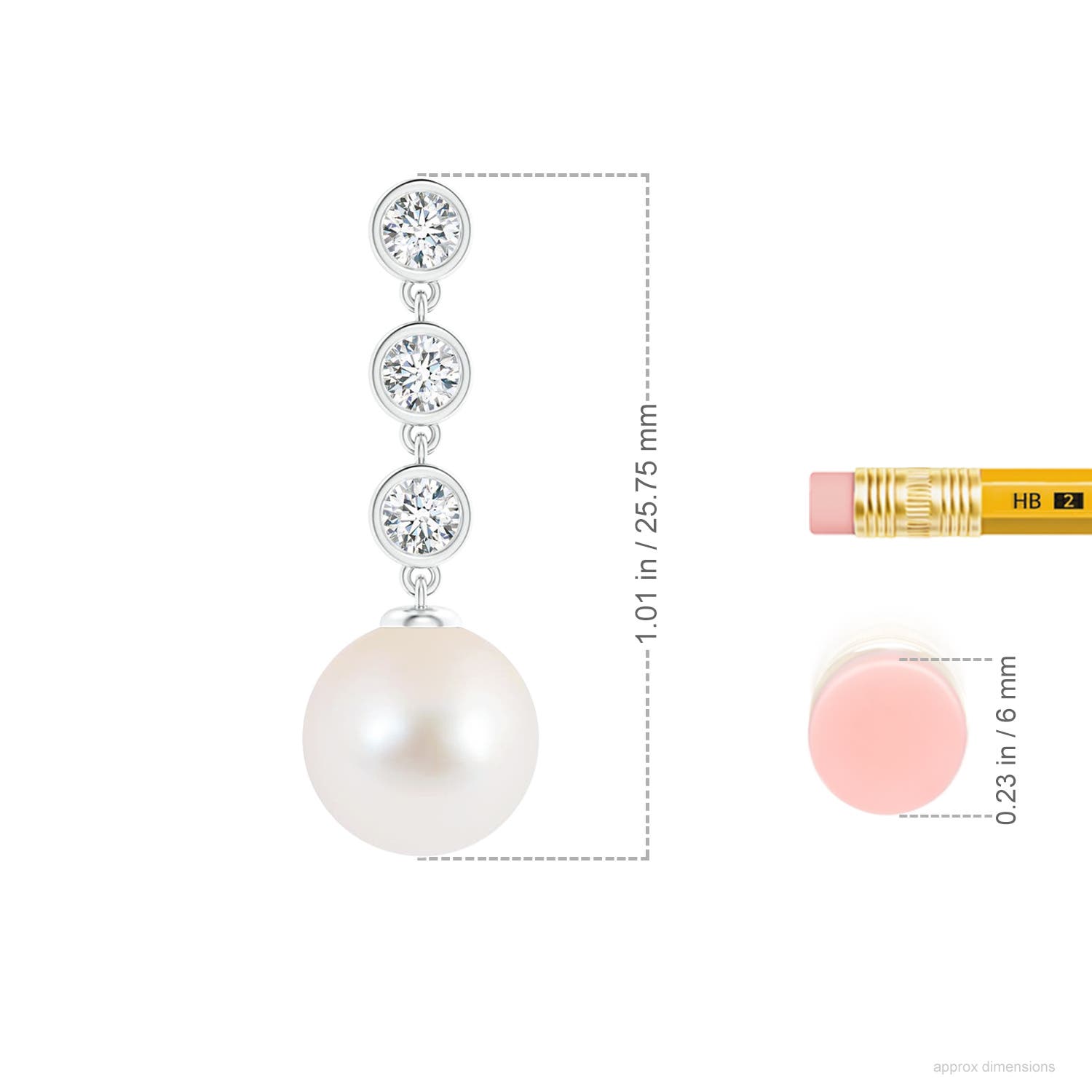 9mm AAA Freshwater Pearl Dangle Earrings with Bezel Diamonds in White Gold - ruler