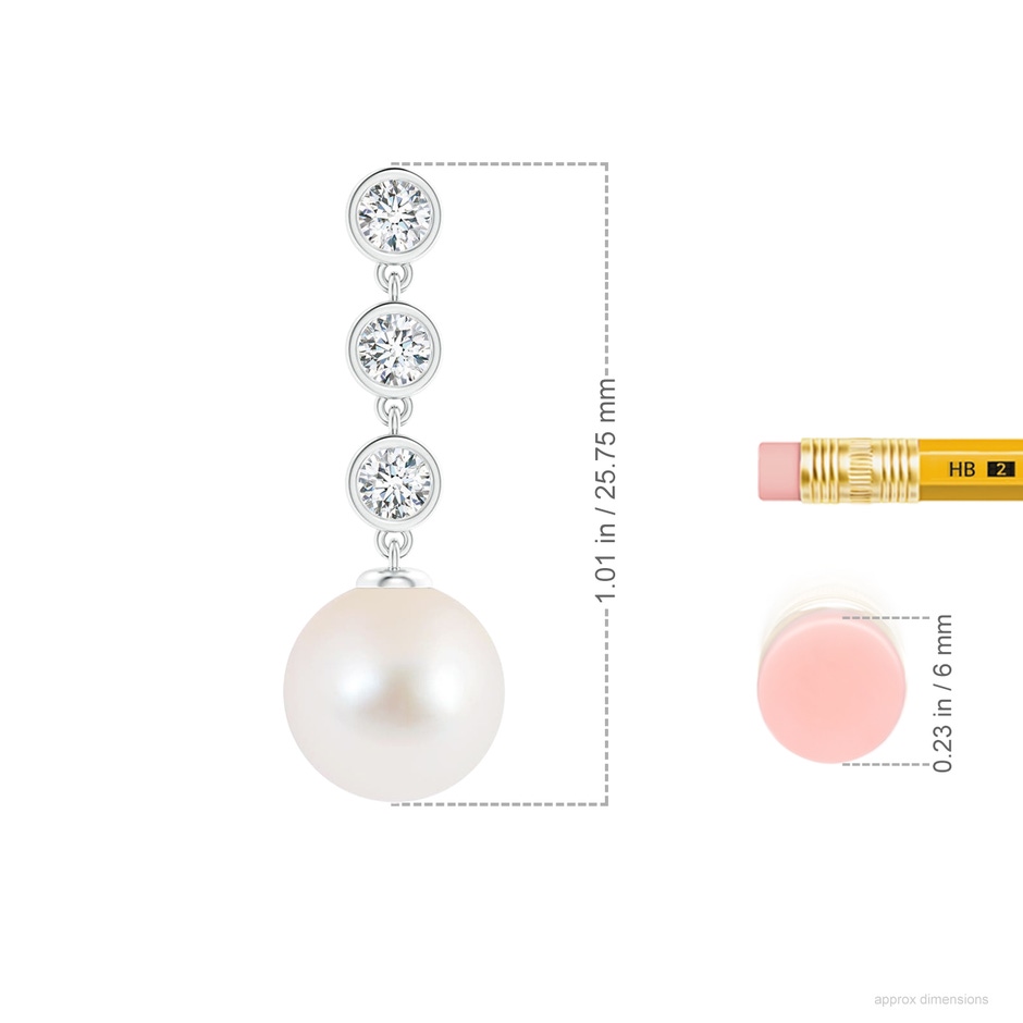 9mm AAA Freshwater Pearl Dangle Earrings with Bezel Diamonds in White Gold ruler