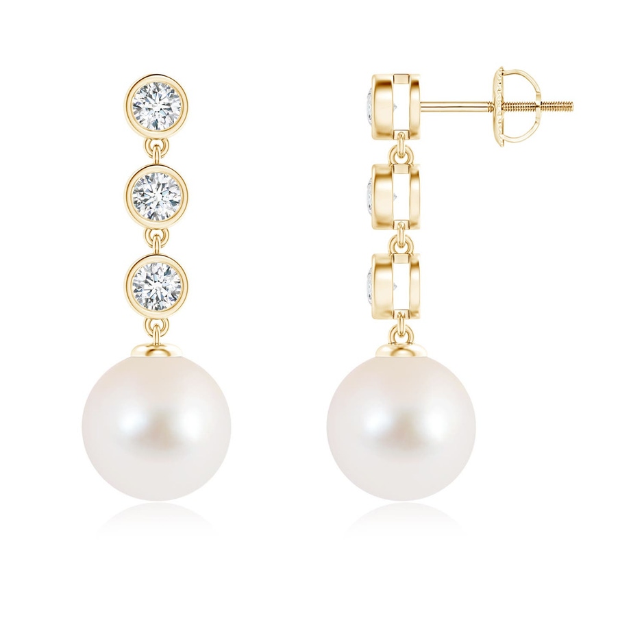 9mm AAA Freshwater Pearl Dangle Earrings with Bezel Diamonds in Yellow Gold 