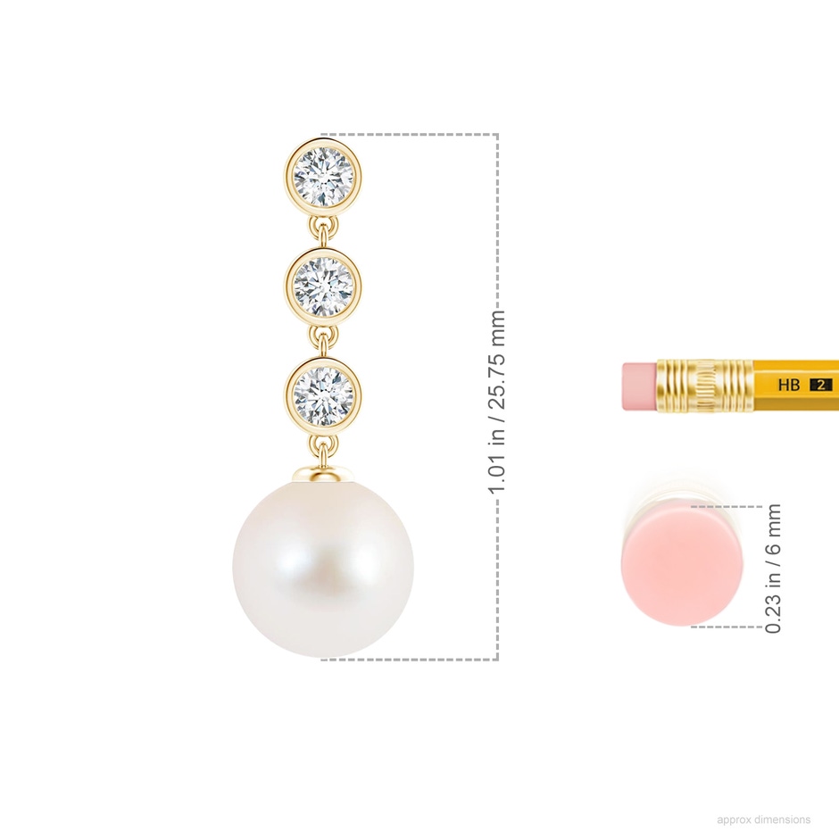 9mm AAA Freshwater Pearl Dangle Earrings with Bezel Diamonds in Yellow Gold ruler