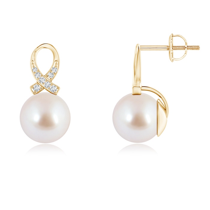 8mm AAA Akoya Cultured Pearl Ribbon Earrings in Yellow Gold