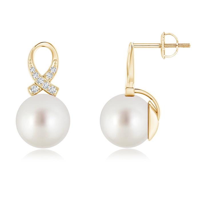 9mm AAA South Sea Cultured Pearl Ribbon Earrings in Yellow Gold