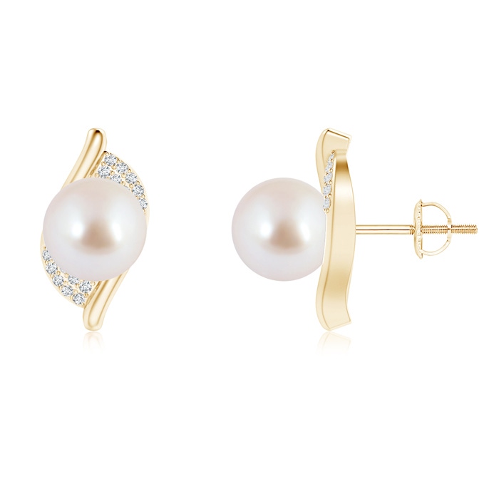 8mm AAA Akoya Cultured Pearl Bypass Earrings with Diamonds in Yellow Gold