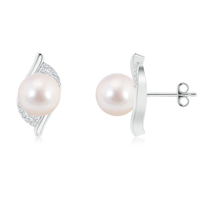 8mm AAAA Akoya Cultured Pearl Bypass Earrings with Diamonds in S999 Silver