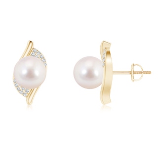 8mm AAAA Akoya Cultured Pearl Bypass Earrings with Diamonds in Yellow Gold