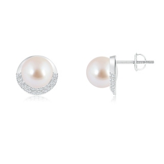 8mm AAA Akoya Cultured Pearl Half Moon Earrings with Diamonds in White Gold