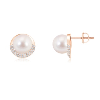 8mm AAAA Akoya Cultured Pearl Half Moon Earrings with Diamonds in Rose Gold