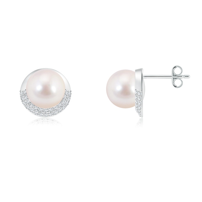 8mm AAAA Akoya Cultured Pearl Half Moon Earrings with Diamonds in S999 Silver