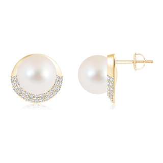 10mm AAA Freshwater Cultured Pearl Half Moon Earrings with Diamonds in Yellow Gold