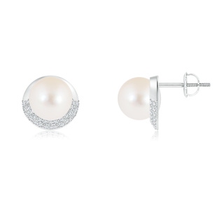 8mm AAA Freshwater Cultured Pearl Half Moon Earrings with Diamonds in White Gold