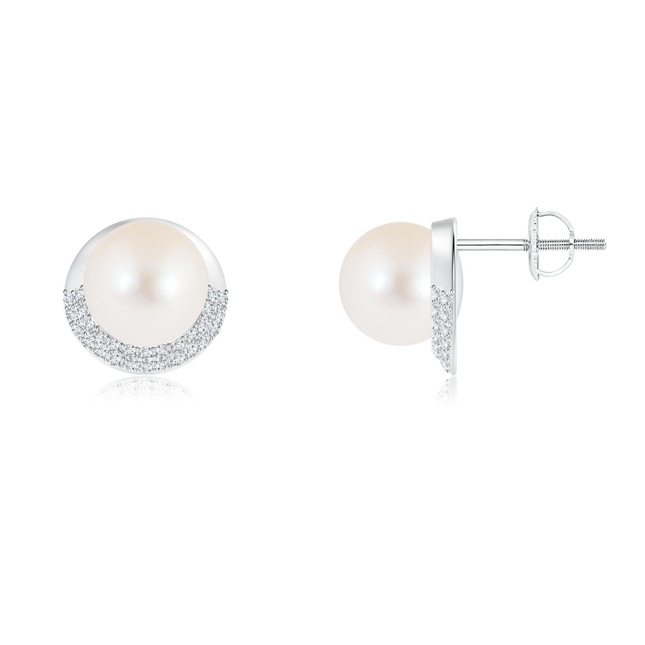 8mm AAA Freshwater Cultured Pearl Half Moon Earrings with Diamonds in White Gold 