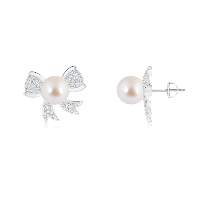 8mm AAA Akoya Cultured Pearl Bow Stud Earrings with Diamonds in White Gold