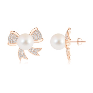 10mm AAA Freshwater Cultured Pearl Bow Stud Earrings with Diamonds in Rose Gold