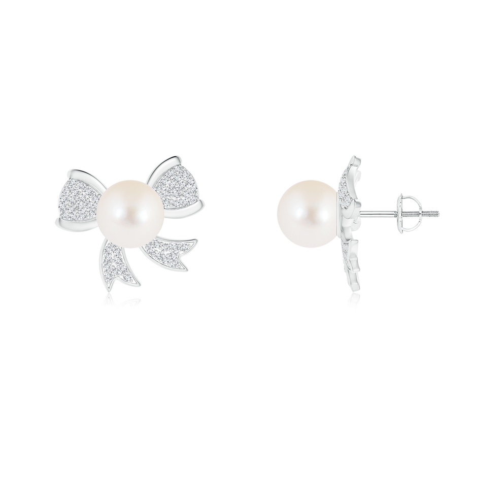 8mm AAA Freshwater Cultured Pearl Bow Stud Earrings with Diamonds in White Gold 