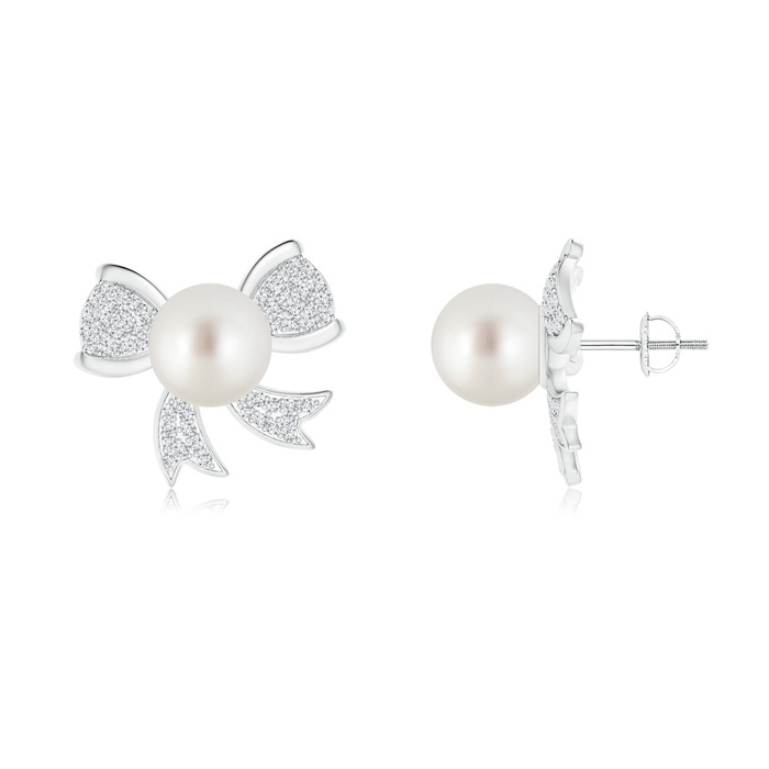 9mm AAA South Sea Cultured Pearl Bow Stud Earrings with Diamonds in White Gold