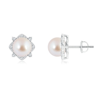 8mm AAA Akoya Cultured Pearl and Diamond Halo Stud Earrings in White Gold