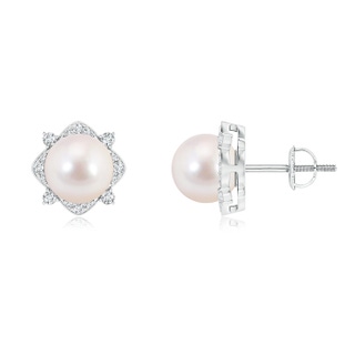 8mm AAAA Akoya Cultured Pearl and Diamond Halo Stud Earrings in White Gold