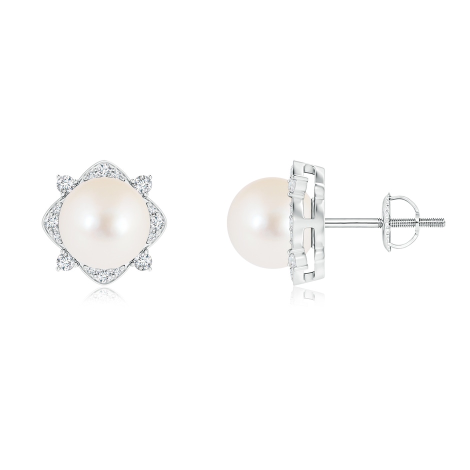 8mm AAA Freshwater Pearl and Diamond Halo Stud Earrings in White Gold 