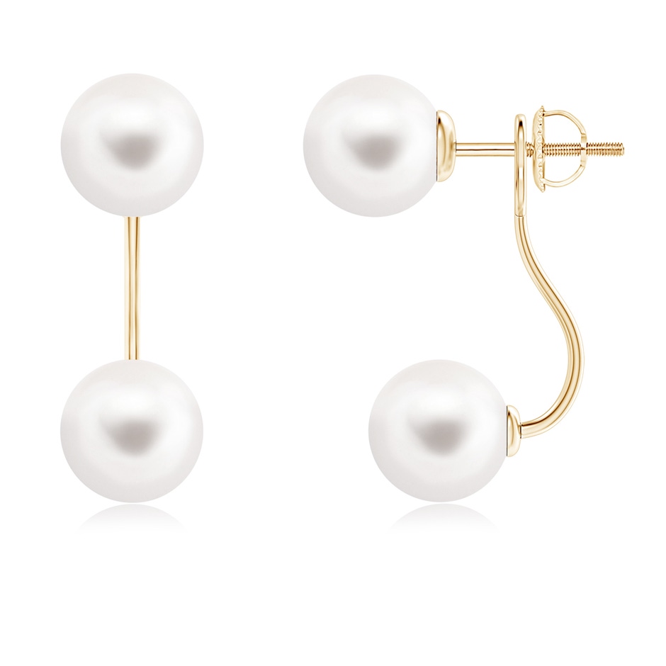 8mm AA Two Stone Freshwater Pearl Front Back Earrings in Yellow Gold 