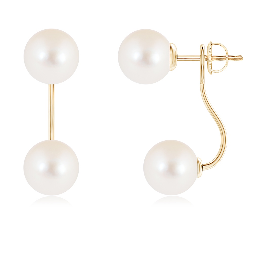 8mm AAA Two Stone Freshwater Pearl Front Back Earrings in Yellow Gold