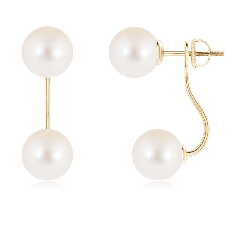 8mm AAA Two Stone Freshwater Pearl Front Back Earrings in Yellow Gold 