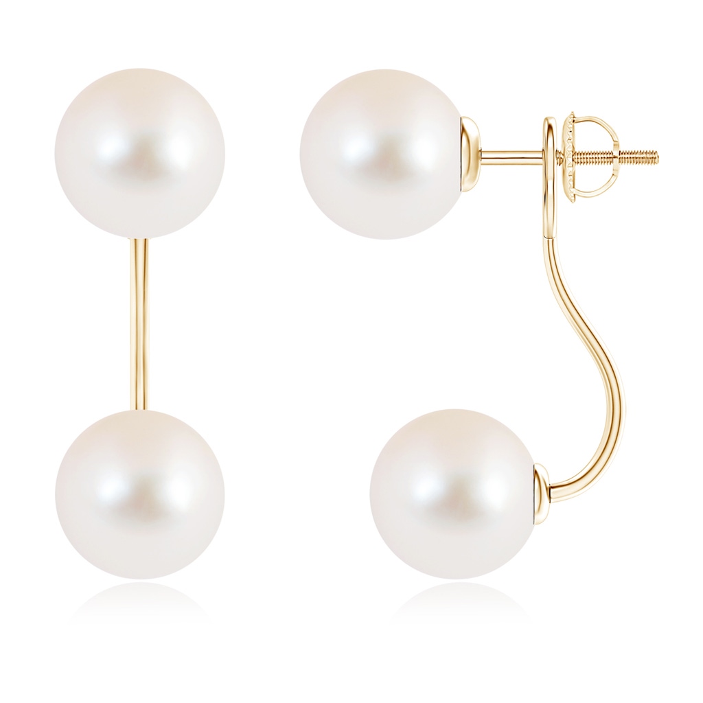 9mm AAA Two Stone Freshwater Pearl Front Back Earrings in Yellow Gold