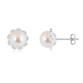 8mm AAA Akoya Cultured Pearl Floral Halo Studs in S999 Silver
