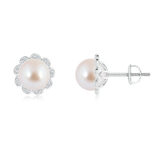8mm AAA Akoya Cultured Pearl Floral Halo Studs in White Gold