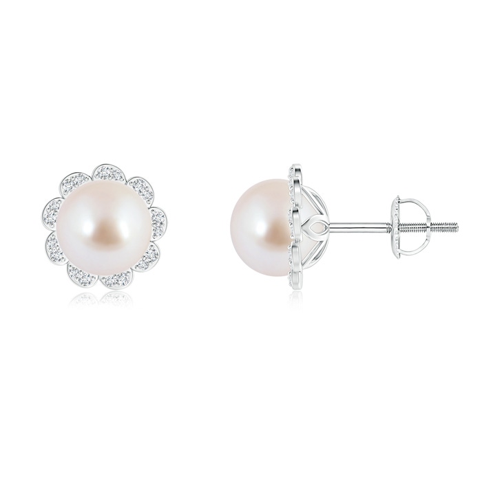 8mm AAA Akoya Cultured Pearl Floral Halo Studs in White Gold 