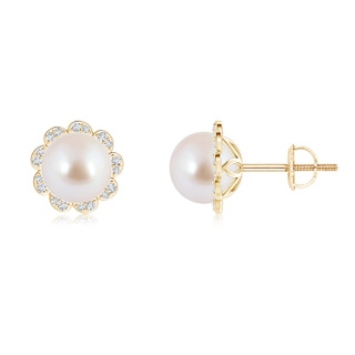 8mm AAA Akoya Cultured Pearl Floral Halo Studs in Yellow Gold