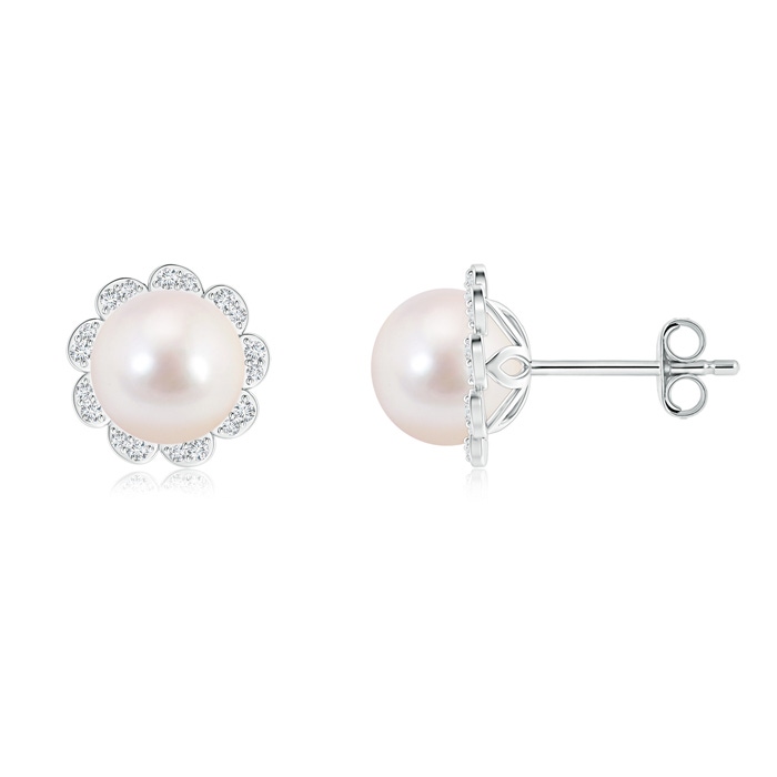 8mm AAAA Akoya Cultured Pearl Floral Halo Studs in S999 Silver