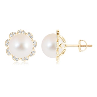 10mm AAA Freshwater Cultured Pearl Floral Halo Studs in Yellow Gold